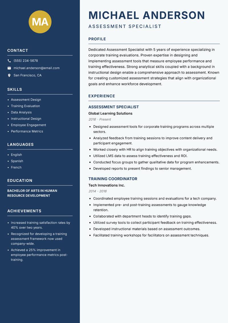 Assessment Specialist resume sample — Assessment Specialist focus