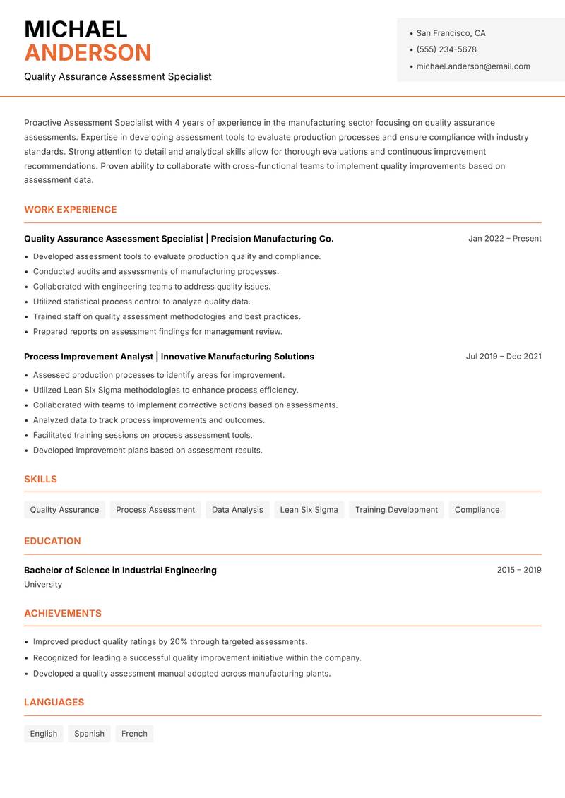 Assessment Specialist resume sample — Quality Assurance Assessment Specialist focus