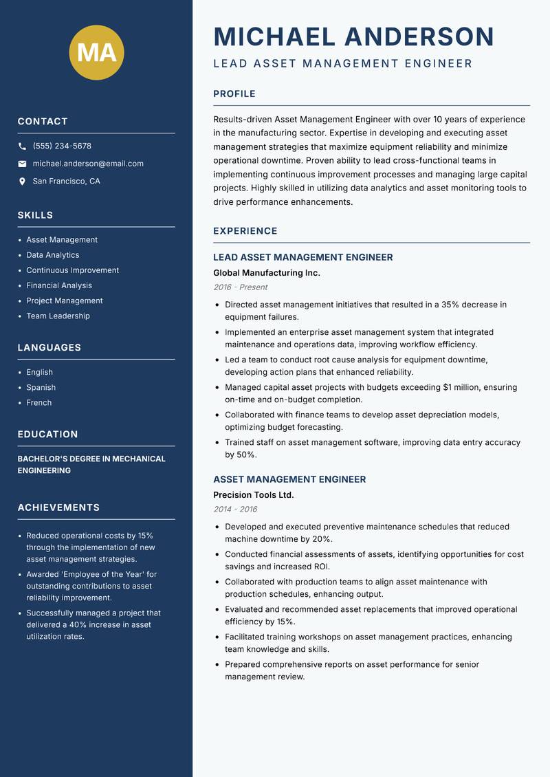 Asset Management Engineer resume sample — Lead Asset Management Engineer focus