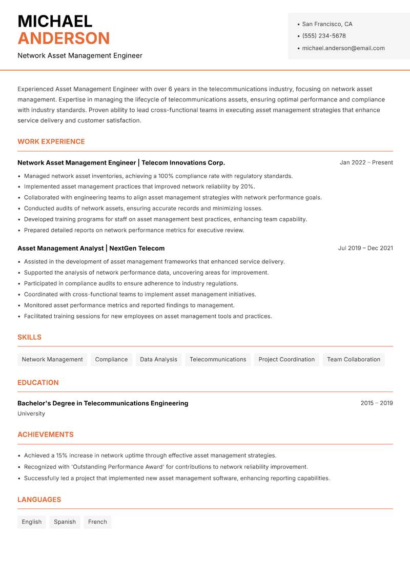 Asset Management Engineer resume sample — Network Asset Management Engineer focus