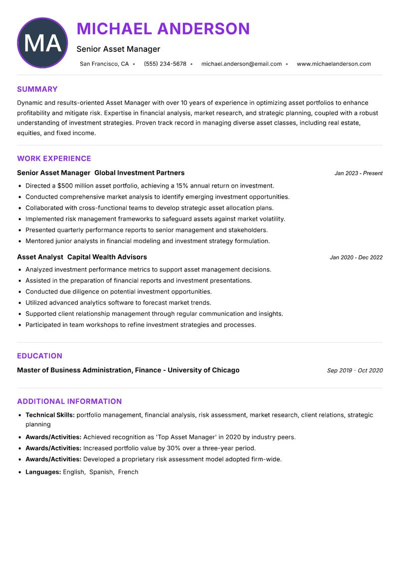 Asset Manager resume example