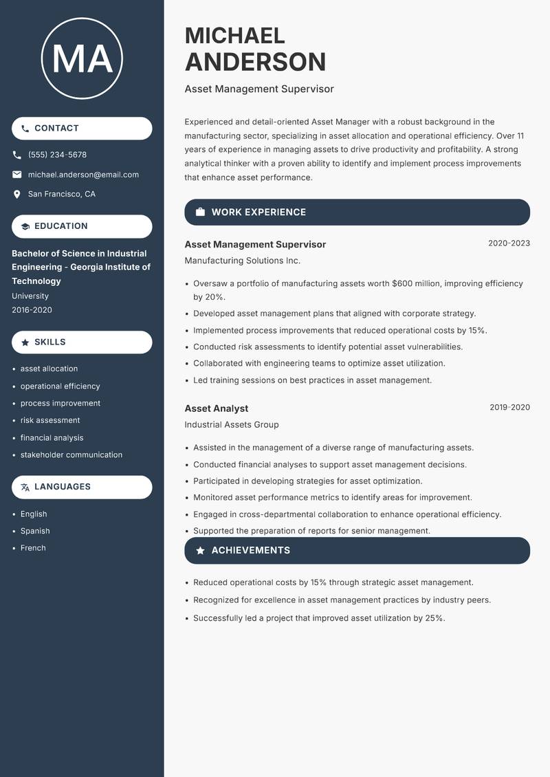 Asset Manager resume sample — Asset Management Supervisor focus