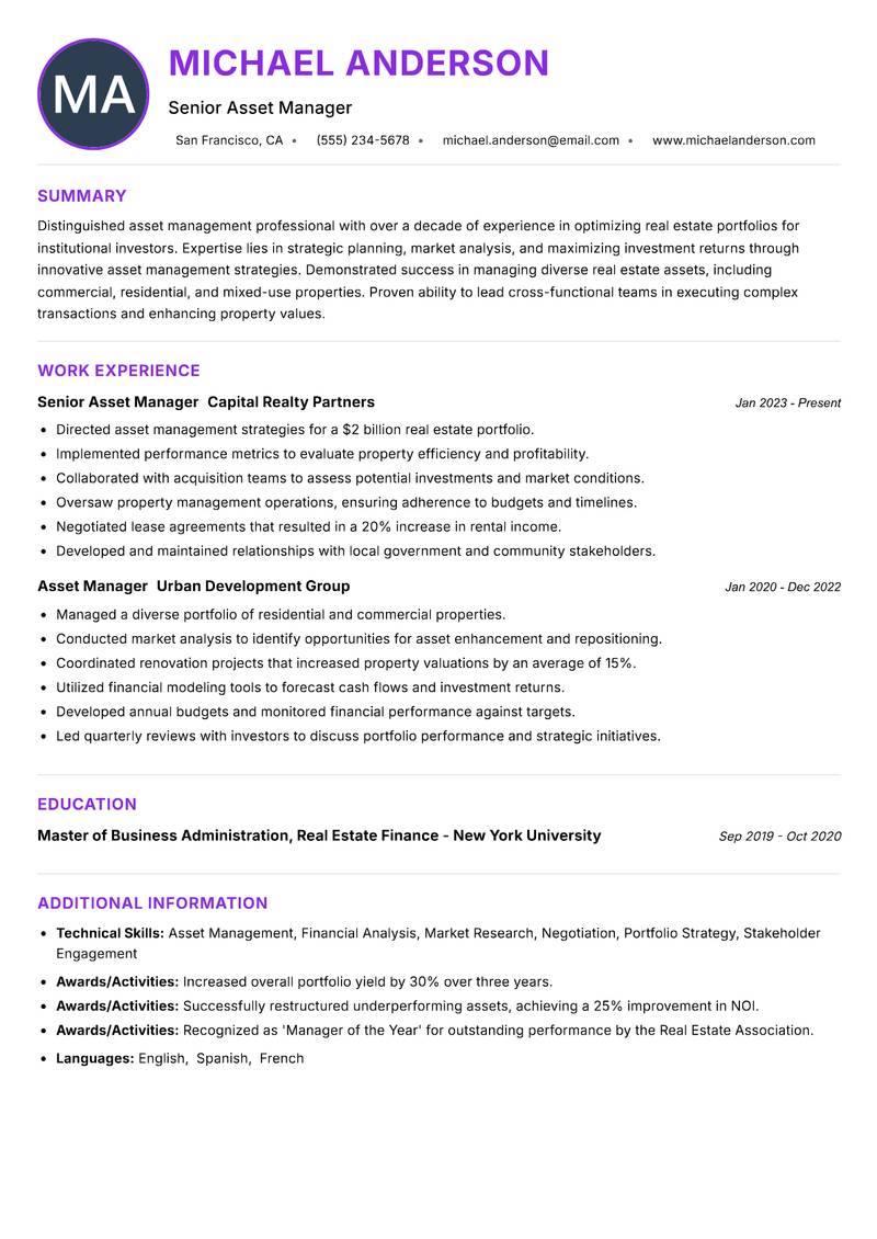 Asset Manager Real Estate resume example — Real Estate