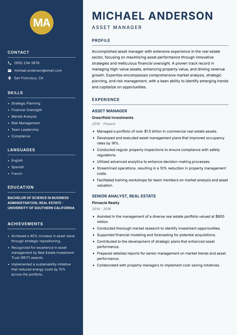 Asset Manager Real Estate resume sample — Asset Manager focus
