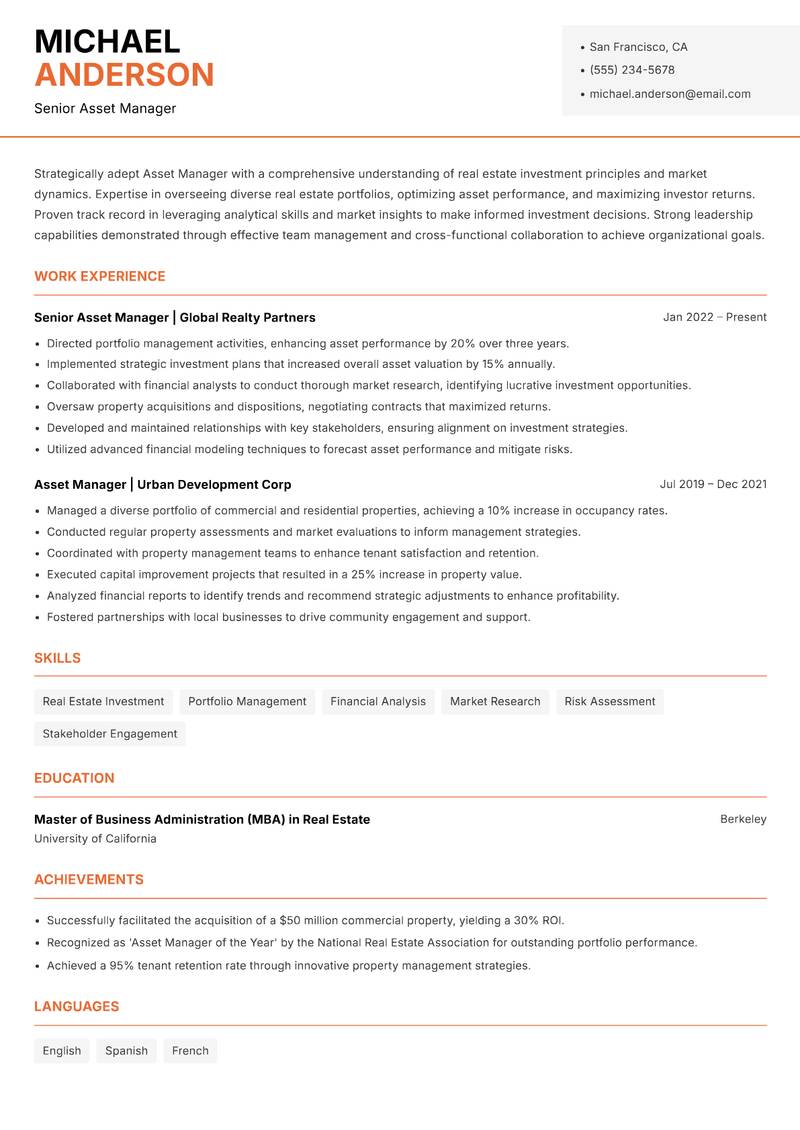Asset Manager Real Estate resume sample — Senior Asset Manager focus