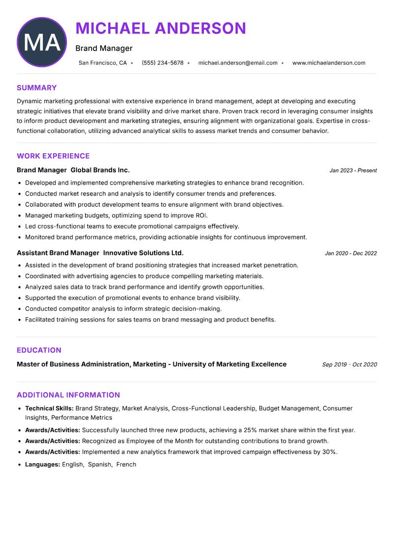 Assistant Brand Manager resume example — Brand Management