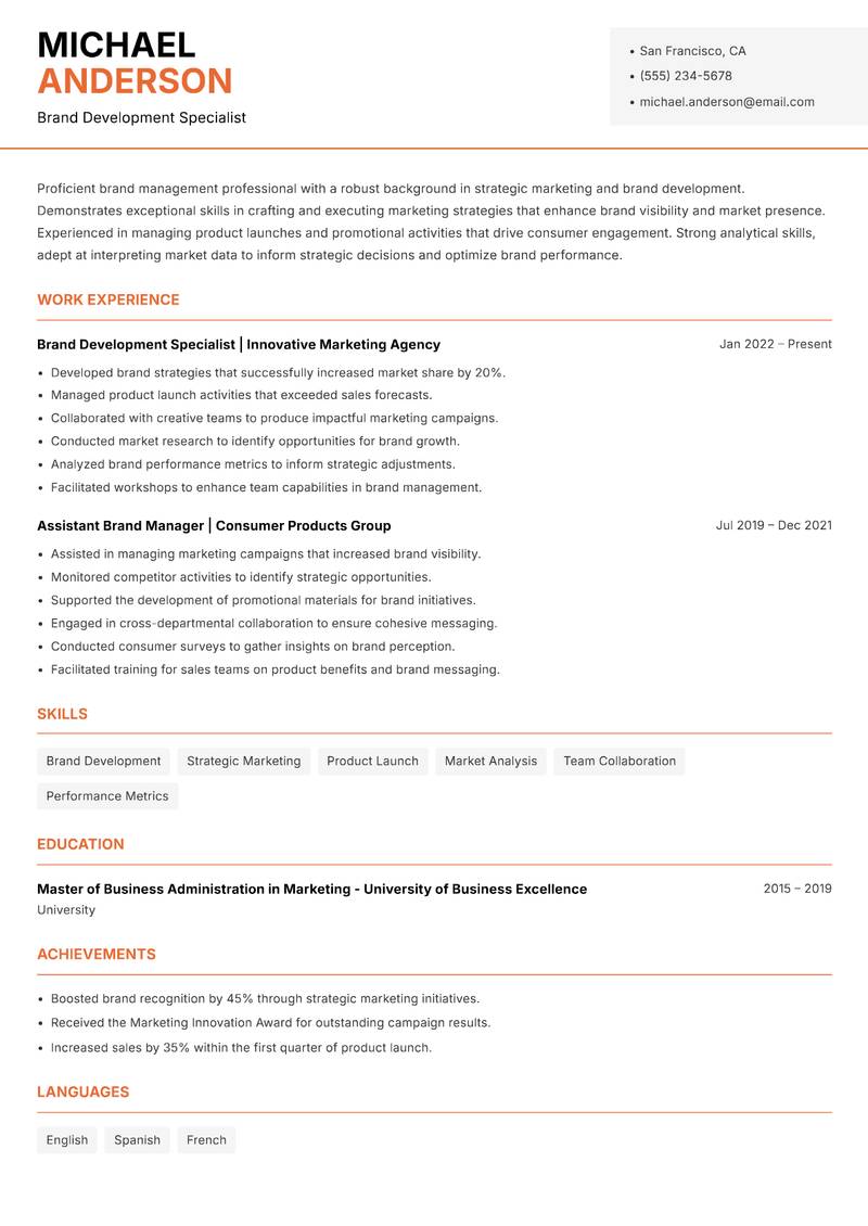 Assistant Brand Manager resume sample — Brand Development Specialist focus