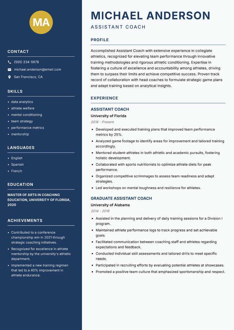 Assistant Coach resume sample — Assistant Coach focus