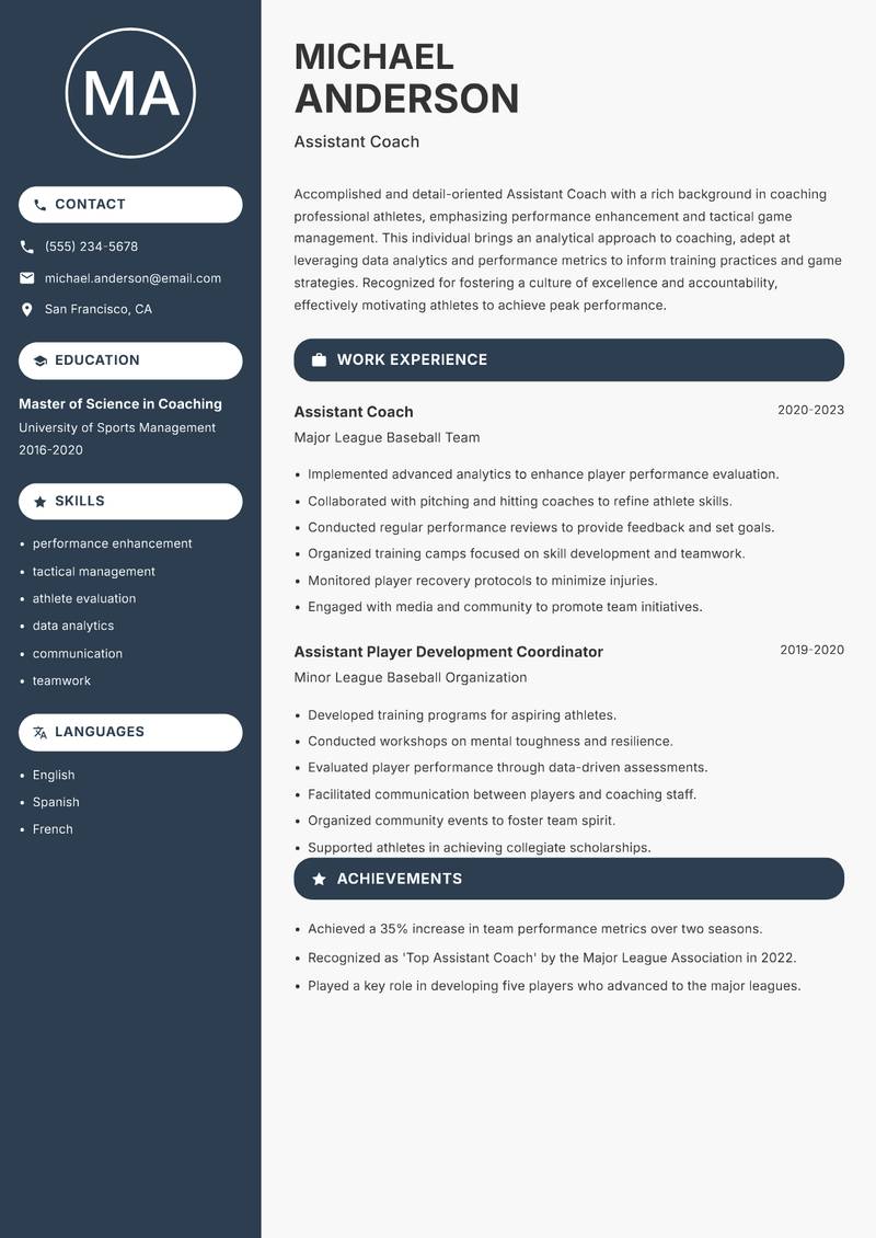 Assistant Coach Professional Sports resume sample — Assistant Coach focus