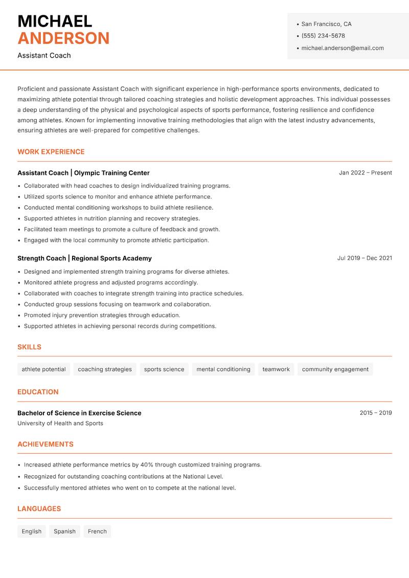 Assistant Coach Professional Sports resume sample — Assistant Coach focus