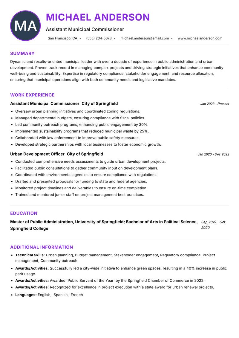 Assistant Municipal Commissioner resume example