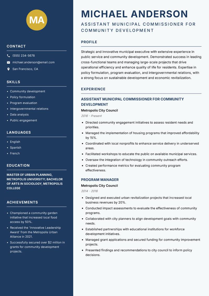 Assistant Municipal Commissioner resume sample — Assistant Municipal Commissioner for Community Development focus