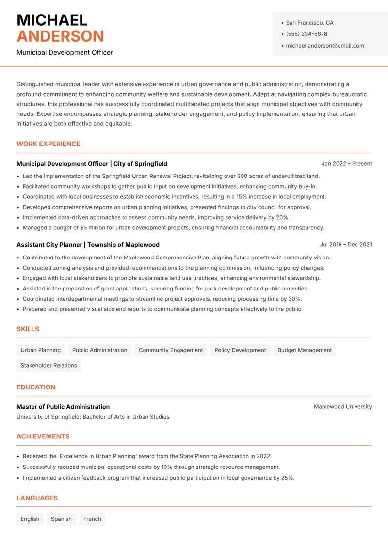 Assistant Municipal Commissioner resume sample — Municipal Development Officer focus