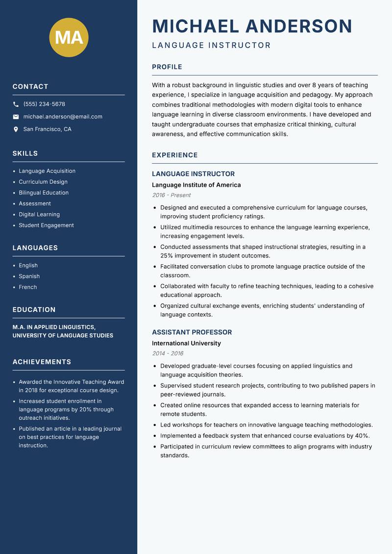 Assistant Professor resume sample — Language Instructor focus