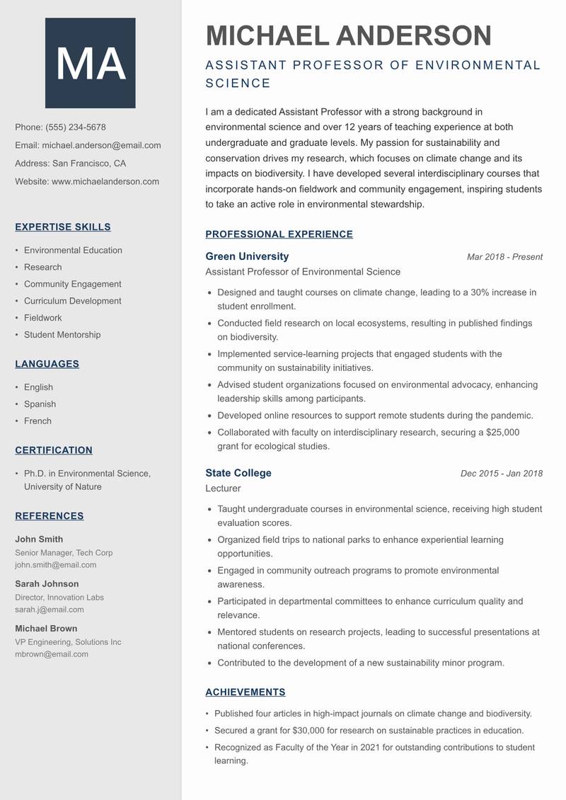 Assistant Professor resume sample — Assistant Professor of Environmental Science focus