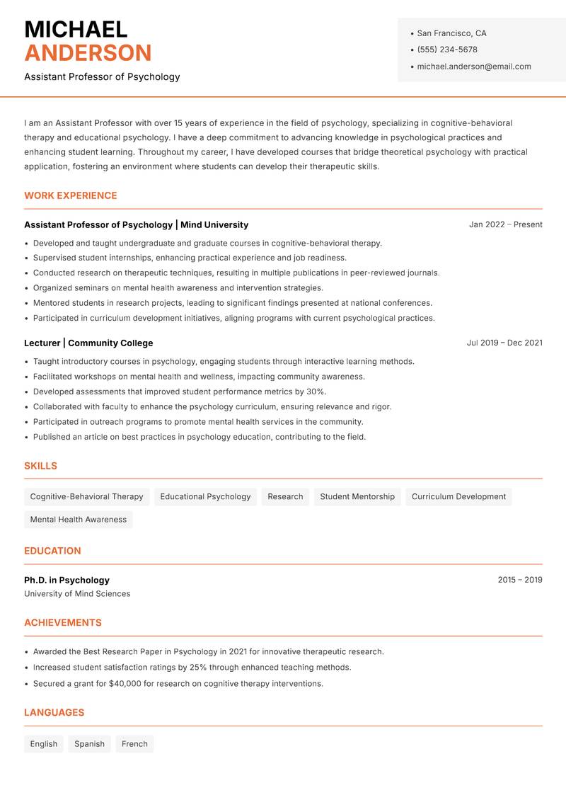 Assistant Professor resume sample — Assistant Professor of Psychology focus