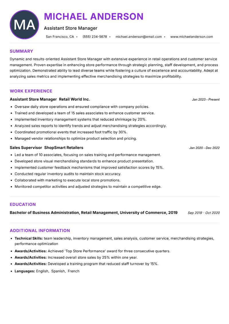 Assistant Store Manager resume example
