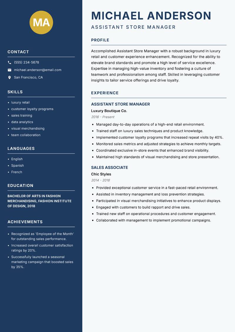 Assistant Store Manager resume sample — Assistant Store Manager focus