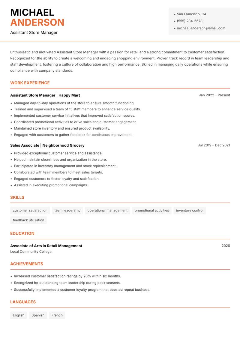 Assistant Store Manager resume sample — Assistant Store Manager focus