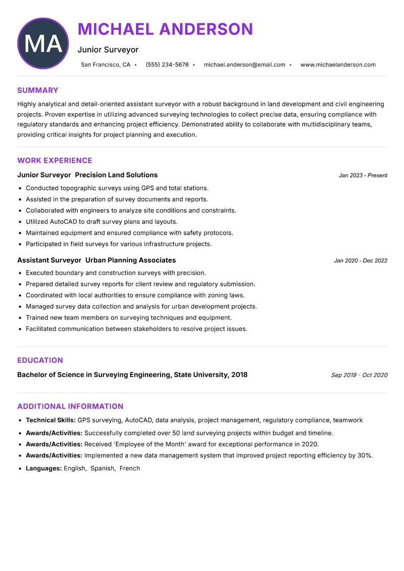 Assistant Surveyor resume example