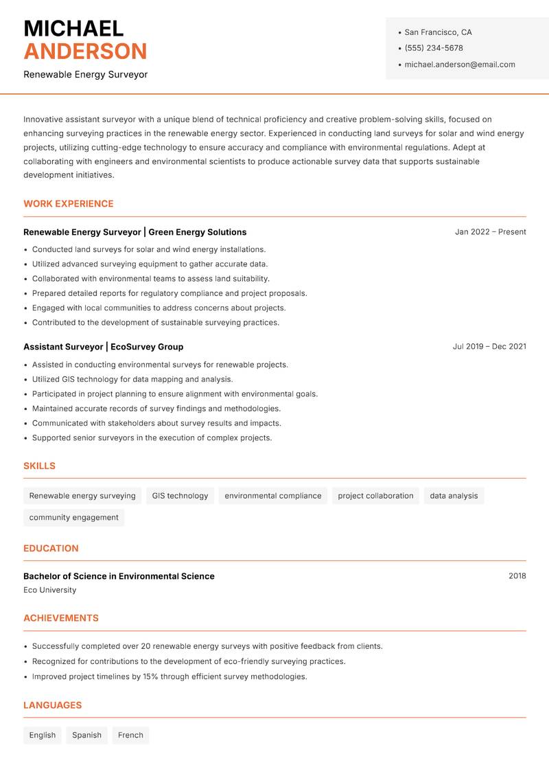 Assistant Surveyor resume sample — Renewable Energy Surveyor focus