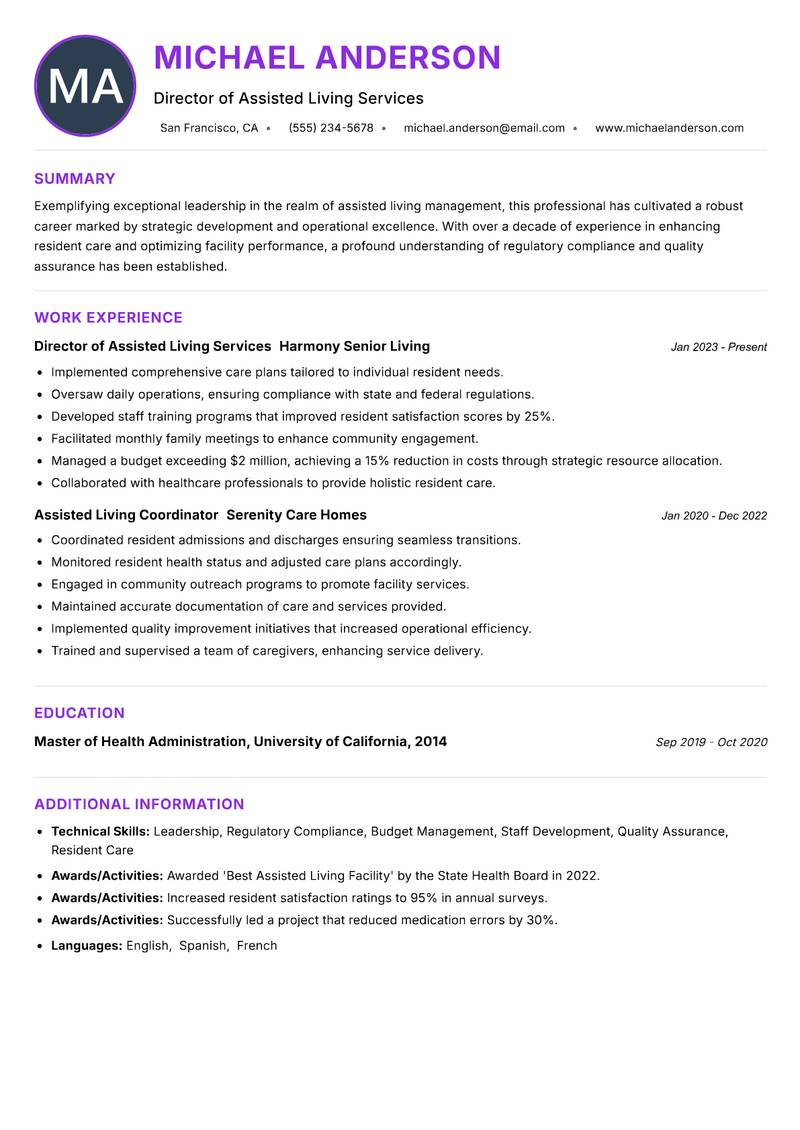 Assisted Living Facility Manager resume example — Elder Care