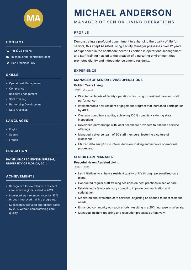 Assisted Living Facility Manager resume sample — Manager of Senior Living Operations focus