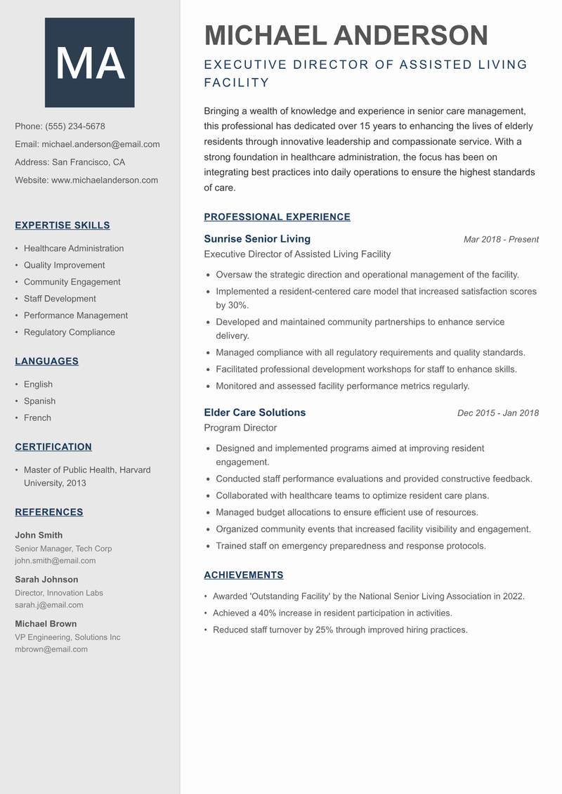 Assisted Living Facility Manager resume sample — Executive Director of Assisted Living Facility focus