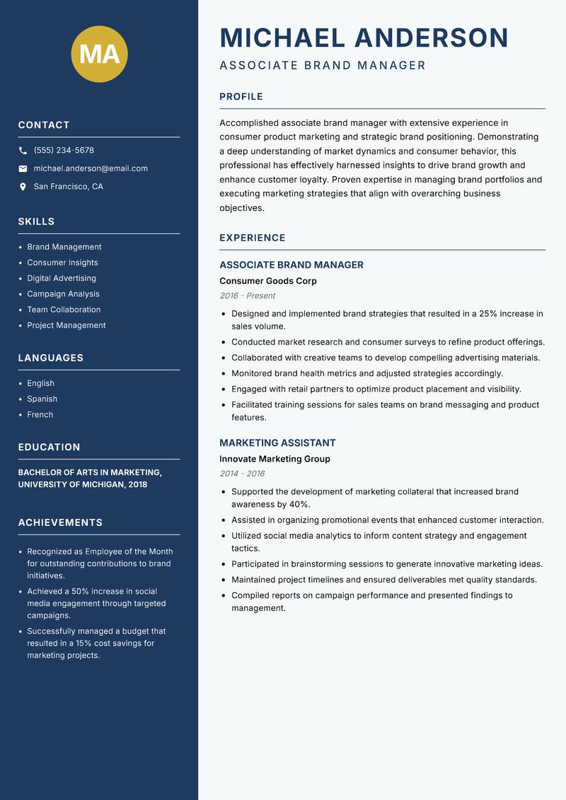 Associate Brand Manager resume sample — Associate Brand Manager focus