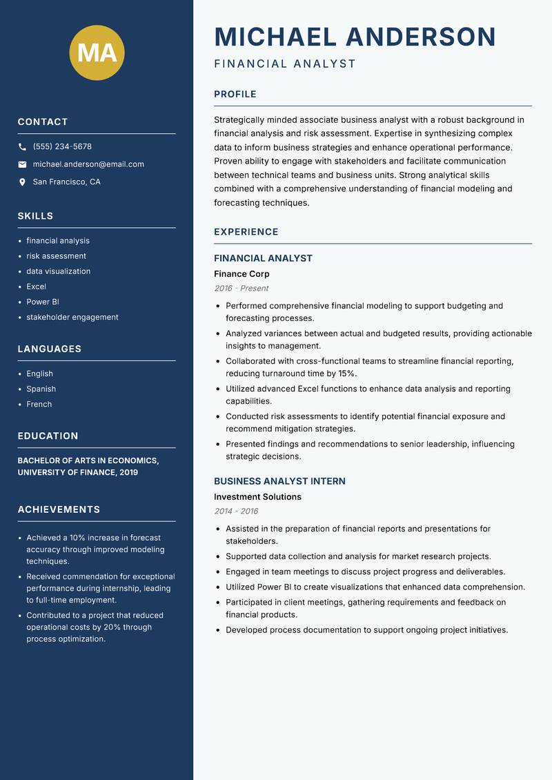 Associate Business Analyst resume sample — Financial Analyst focus