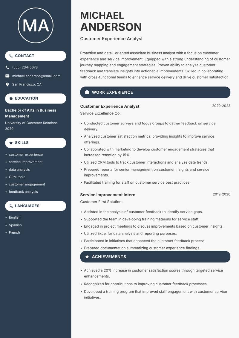 Associate Business Analyst resume sample — Customer Experience Analyst focus