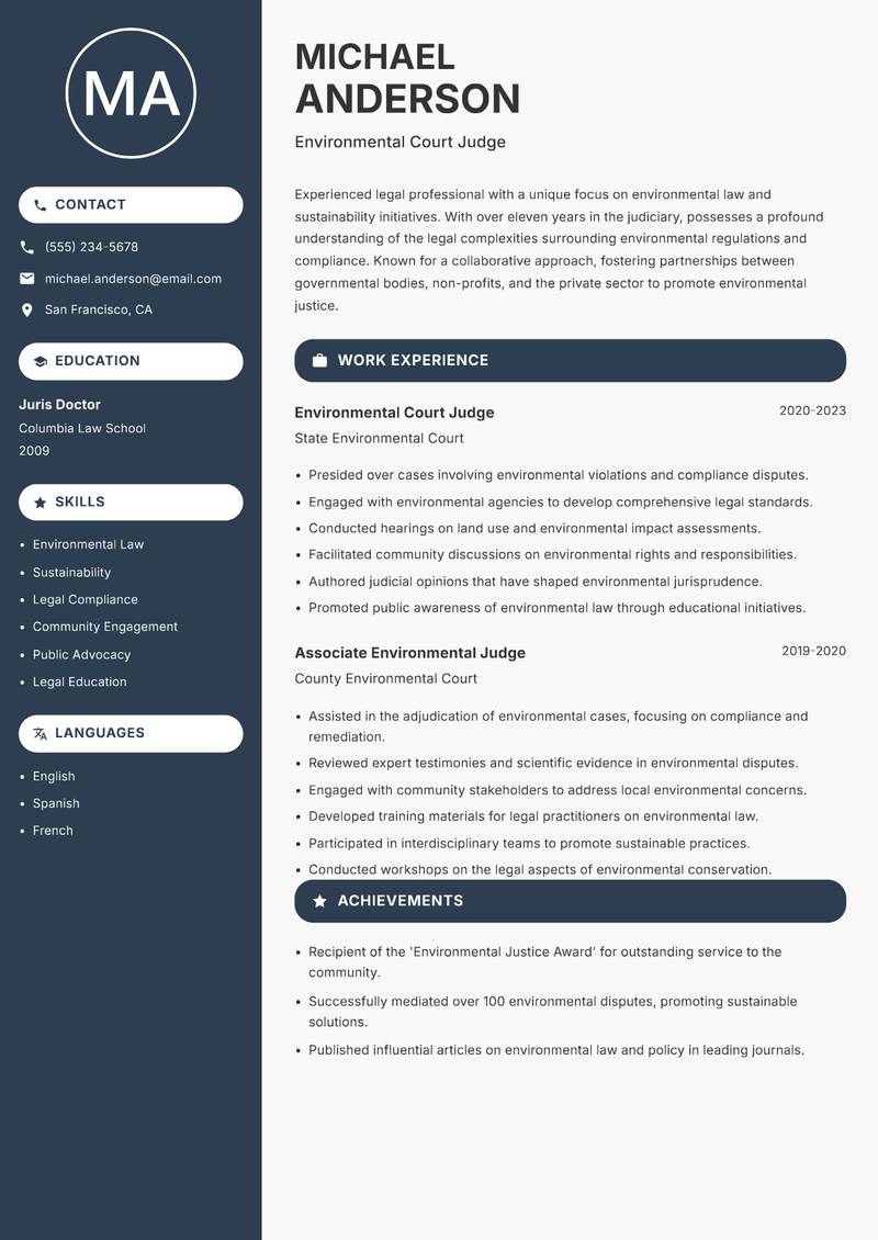 Associate Judge resume sample — Environmental Court Judge focus