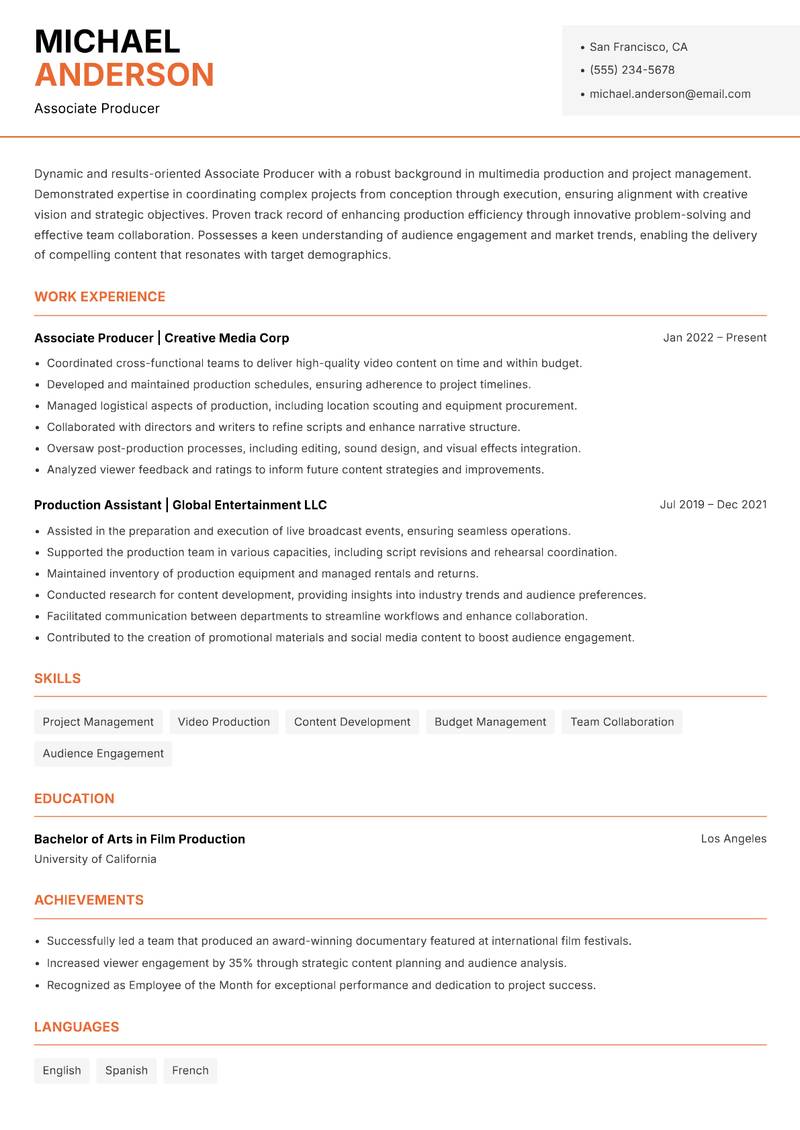 Associate Producer resume sample — Associate Producer focus