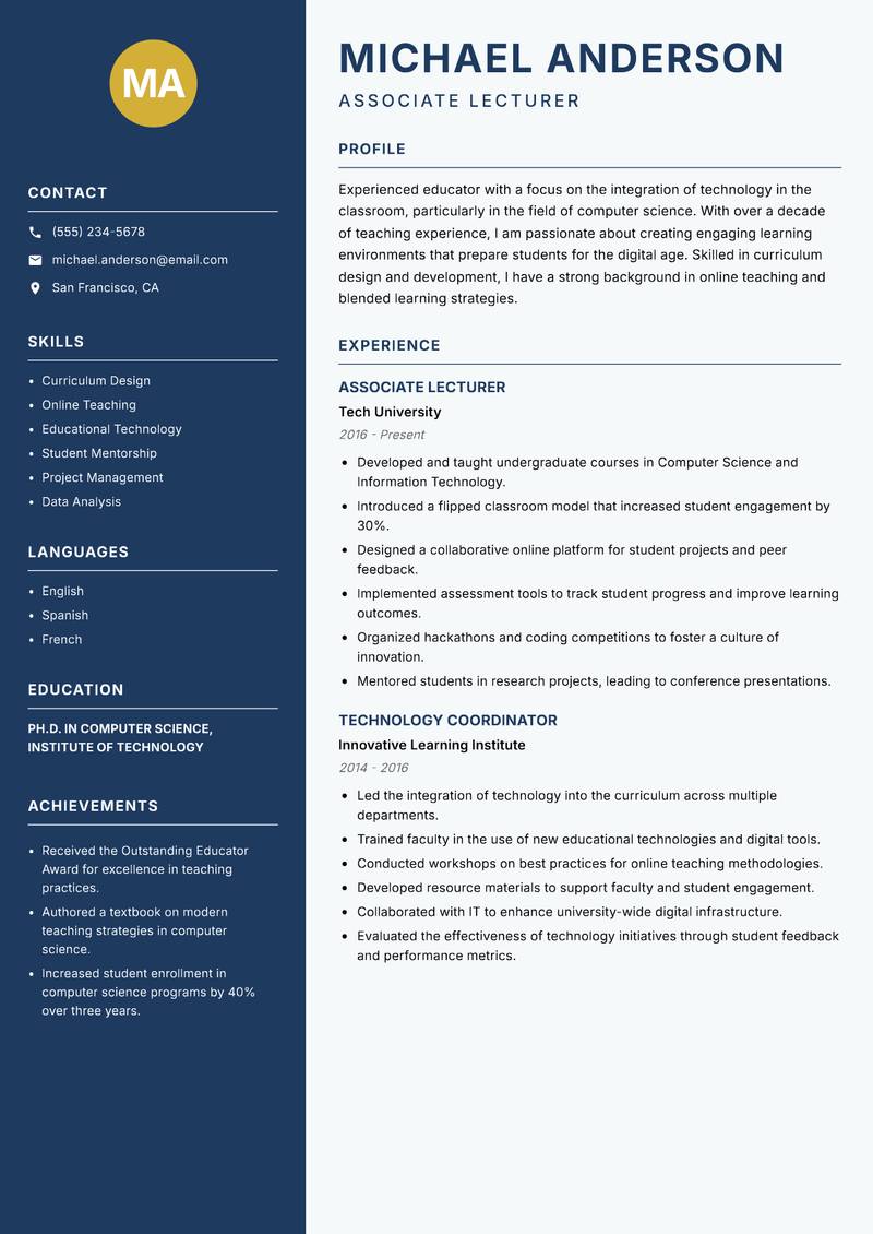 Associate Professor resume sample — Associate Lecturer focus