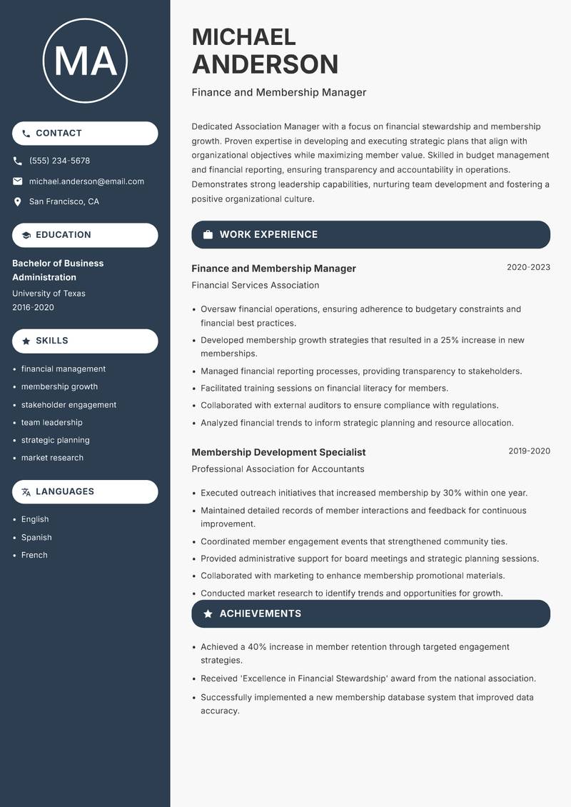 Association Manager resume sample — Finance and Membership Manager focus