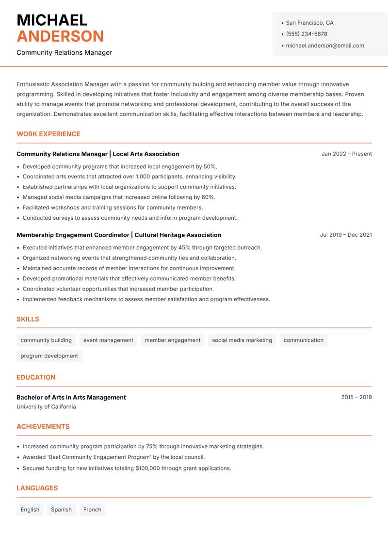 Association Manager resume sample — Community Relations Manager focus
