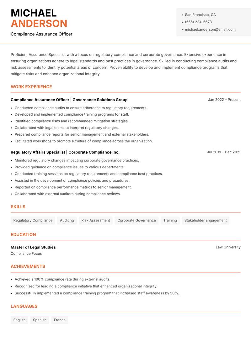 Assurance Specialist resume sample — Compliance Assurance Officer focus