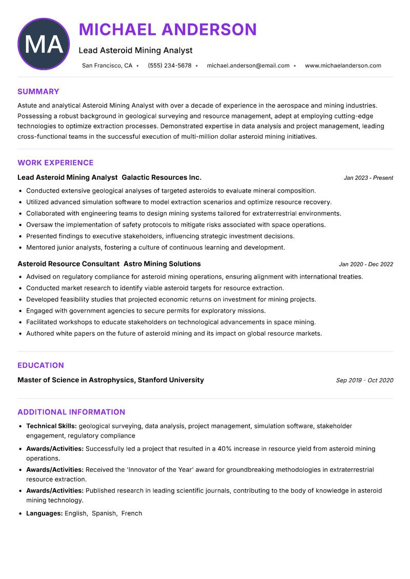 Asteroid Mining Analyst resume example — Space Economy
