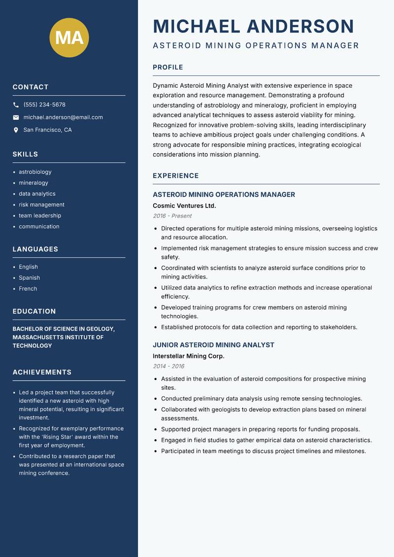 Asteroid Mining Analyst resume sample — Asteroid Mining Operations Manager focus