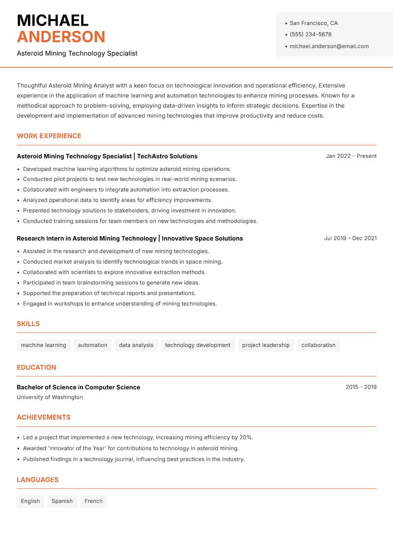 Asteroid Mining Analyst resume sample — Asteroid Mining Technology Specialist focus