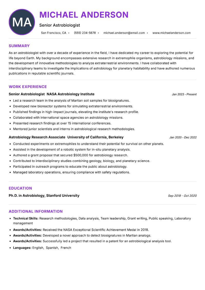 Astrobiologist resume example — Space Sciences