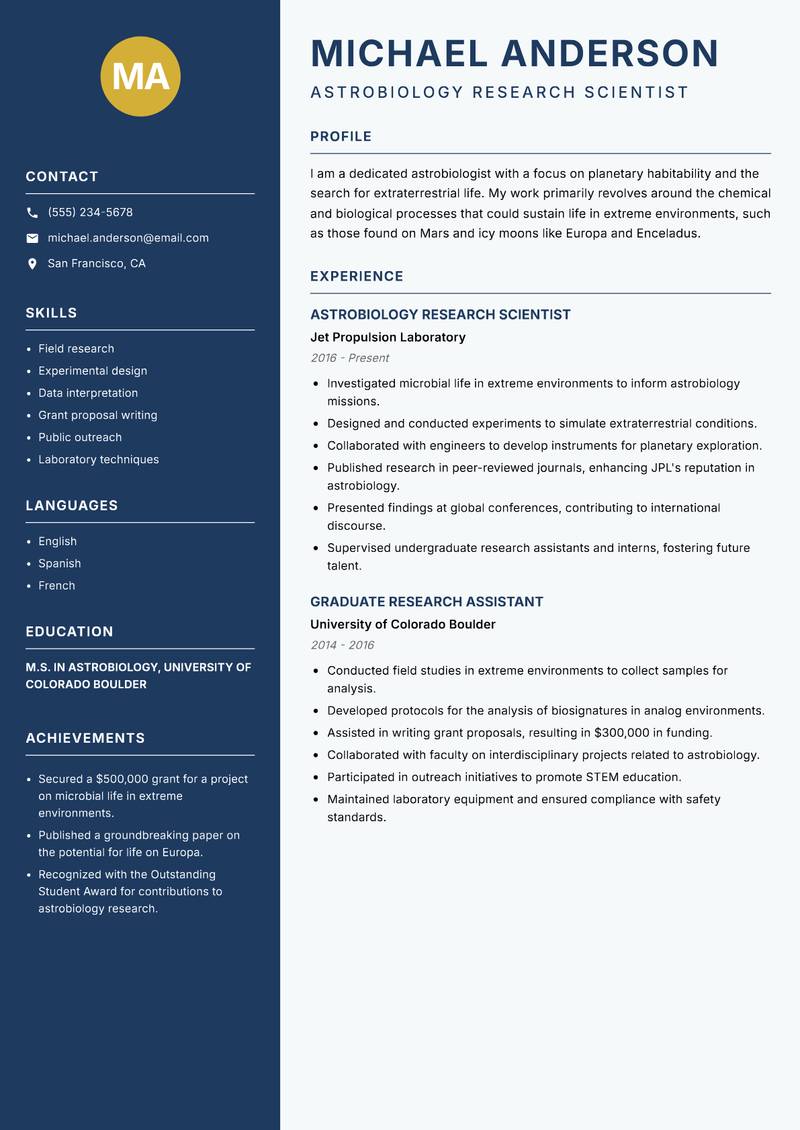 Astrobiologist resume sample — Astrobiology Research Scientist focus