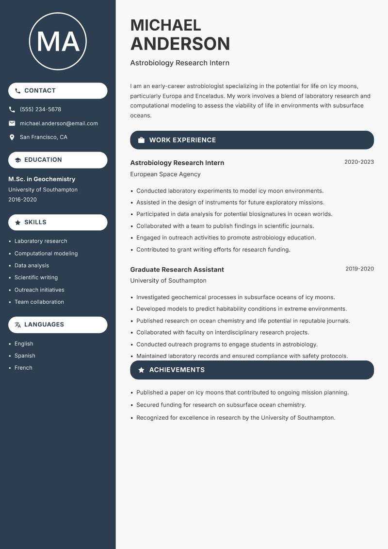 Astrobiologist resume sample — Astrobiology Research Intern focus
