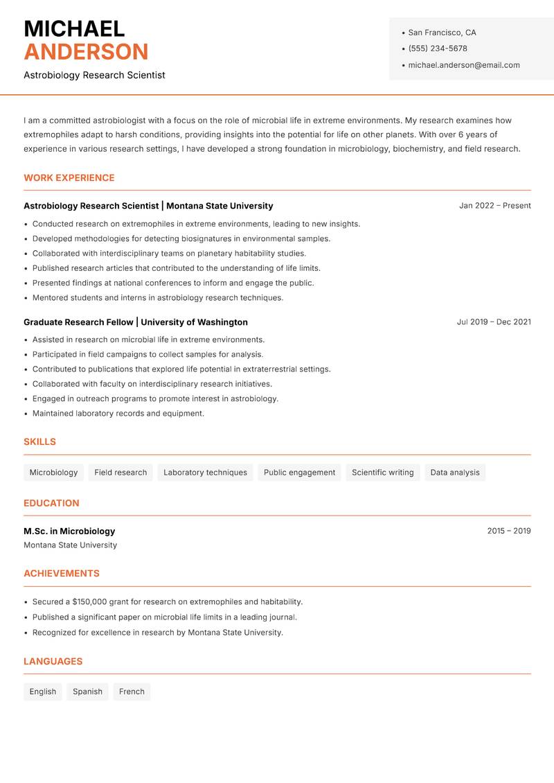 Astrobiologist resume sample — Astrobiology Research Scientist focus
