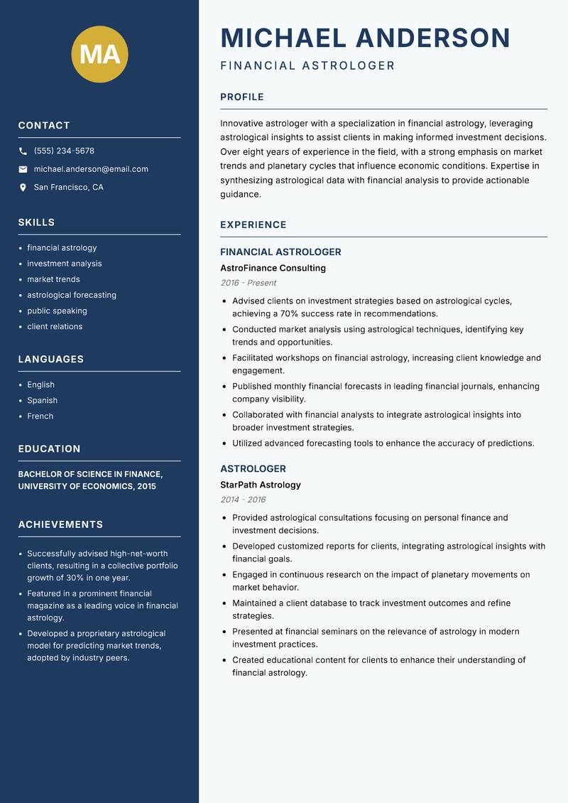 Astrologer resume sample — Financial Astrologer focus
