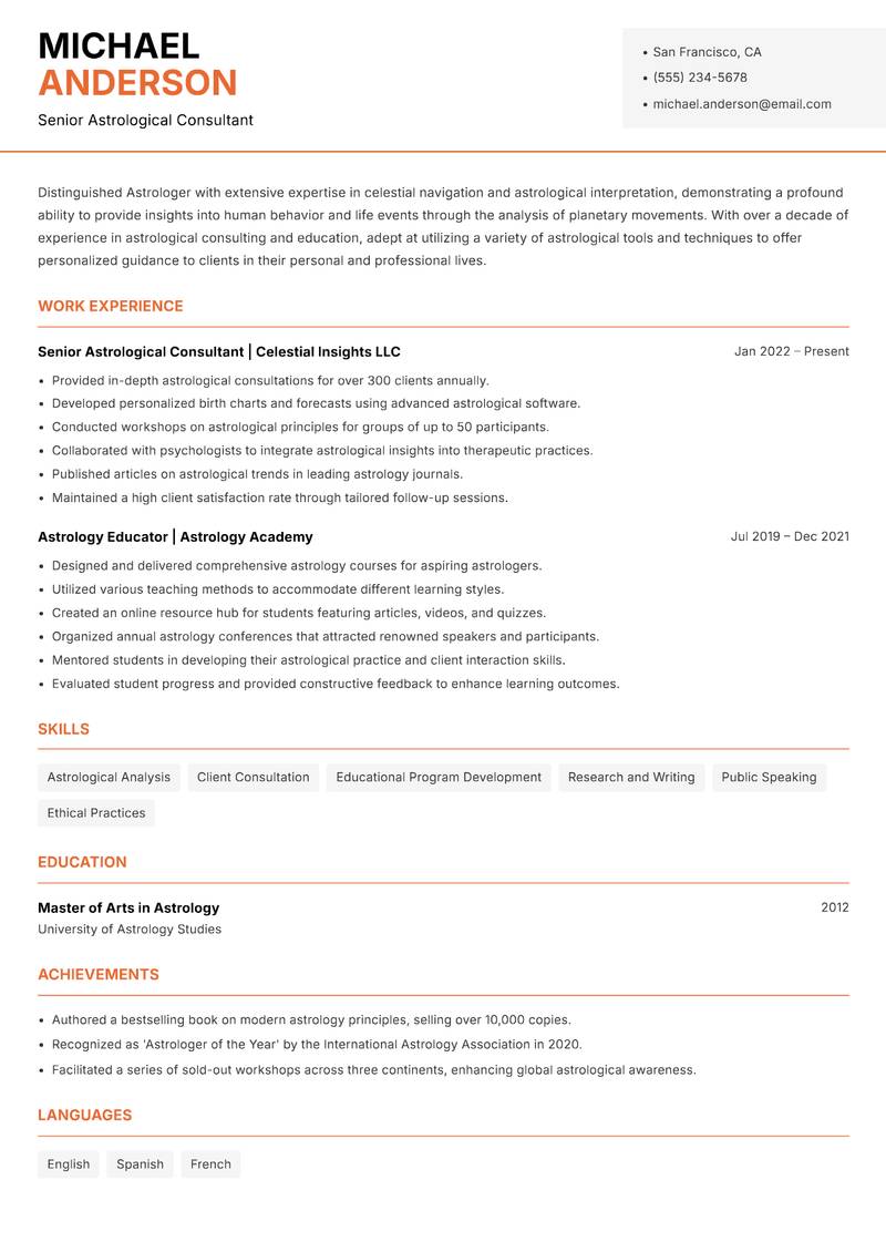 Astrologer resume sample — Senior Astrological Consultant focus