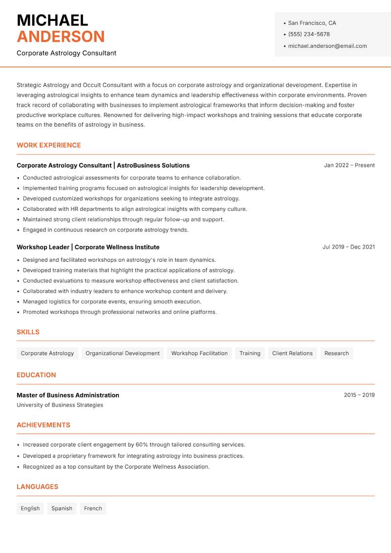 Astrology and Occult Consultant resume sample — Corporate Astrology Consultant focus