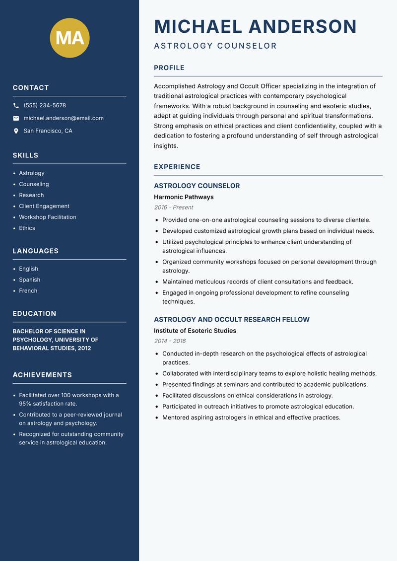 Astrology and Occult Officer resume sample — Astrology Counselor focus