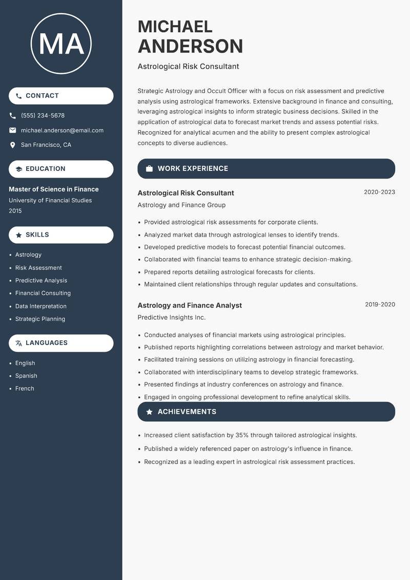 Astrology and Occult Officer resume sample — Astrological Risk Consultant focus