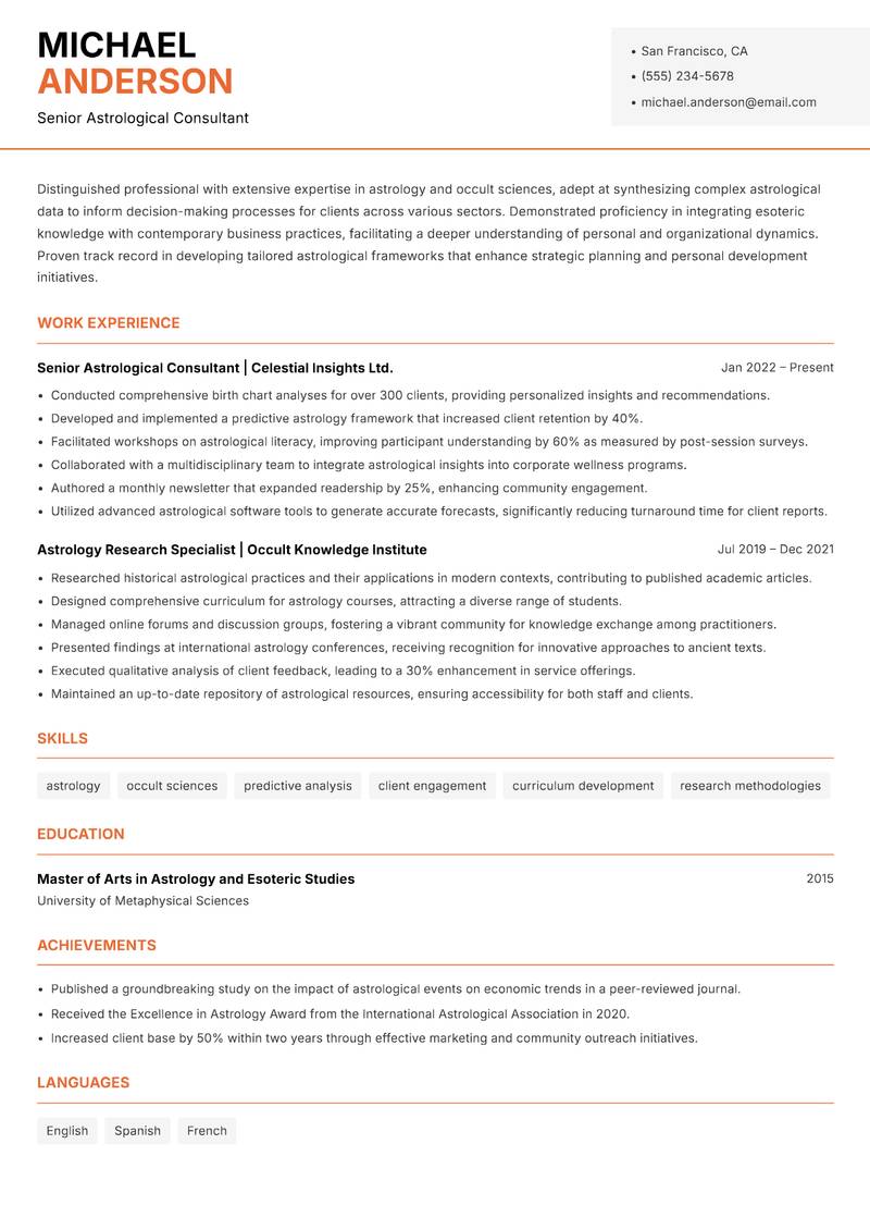 Astrology and Occult Officer resume sample — Senior Astrological Consultant focus
